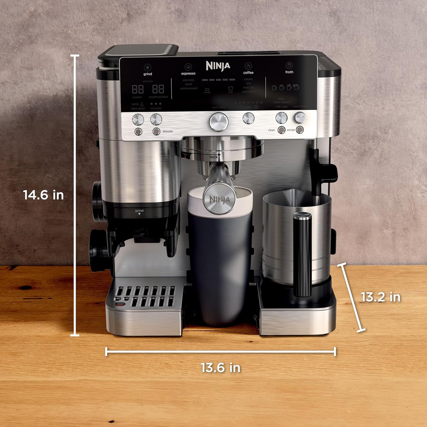 Ninja Luxe Café Premier 3-in-1 Espresso Machine, Drip Coffee, & Rapid Cold Brew | Built-in Coffee Grinder, Hands-Free Milk Frother, Assisted Tamper for Cappuccinos & Lattes | Stainless Steel | ES601