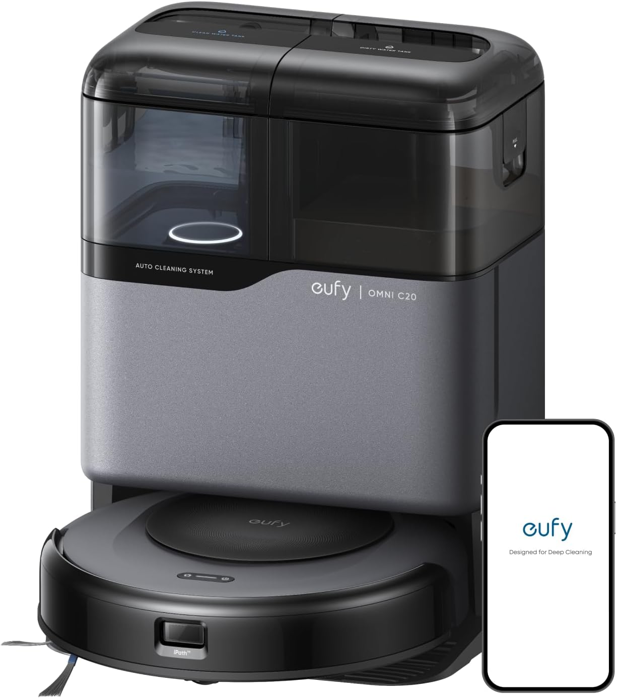 eufy Robot Vacuum Omni C20, 7,000 Pa, 60 Days Self Emptying, Auto Mop Washing, Auto Drying, 3.35" Ultra Slim, Transparent Tanks, Robot Vacuum and Mop Combo