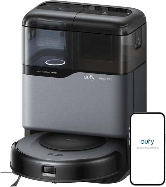eufy Robot Vacuum Omni C20, 7,000 Pa, 60 Days Self Emptying, Auto Mop Washing, Auto Drying, 3.35" Ultra Slim, Transparent Tanks, Robot Vacuum and Mop Combo