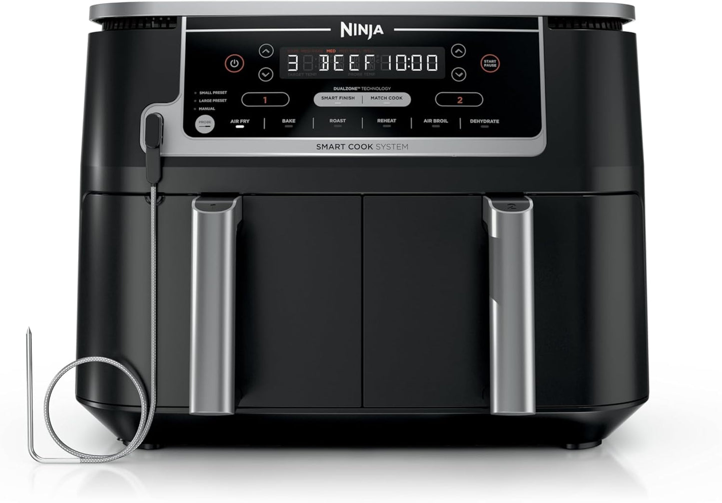 Ninja Foodi Air Fryer w/ Smart Cook Thermometer | 6-in-1 Air Fry, Roast, Bake, Dehydrate & More | DualZone™ Match Cook & Smart Finish, 2 Independent Baskets | XL 10 Qt, Stainless Steel | Black, DZ550