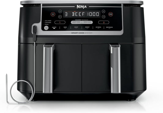 Ninja Foodi Air Fryer w/ Smart Cook Thermometer | 6-in-1 Air Fry, Roast, Bake, Dehydrate & More | DualZone™ Match Cook & Smart Finish, 2 Independent Baskets | XL 10 Qt, Stainless Steel | Black, DZ550