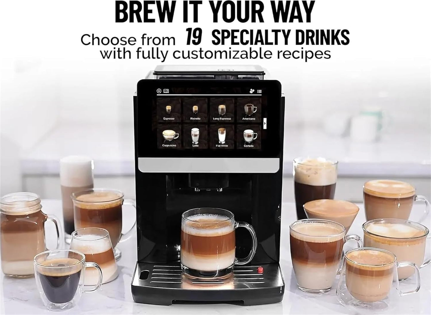 Fully Automatic Espresso Machine With Grinder - 19 Customizable Coffee Options Auto-Cleaning For Easy Maintenance Milk-Foam