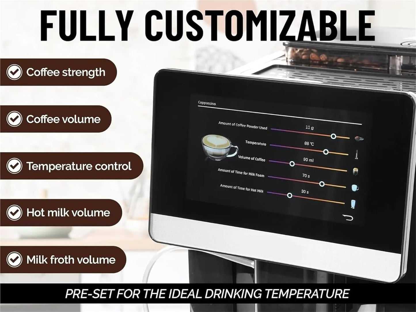 Fully Automatic Espresso Machine With Grinder - 19 Customizable Coffee Options Auto-Cleaning For Easy Maintenance Milk-Foam
