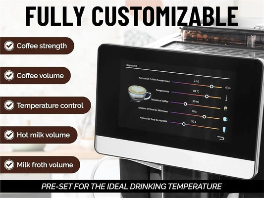 Fully Automatic Espresso Machine With Grinder - 19 Customizable Coffee Options Auto-Cleaning For Easy Maintenance Milk-Foam