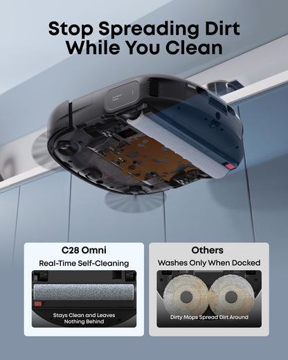 eufy C28 Robot Vacuum and Mop Combo,15,000 Pa Suction, HydroJet Self-Cleaning Roller Mop, Upgraded from X10 Pro, Zero-Tangle Design for Pet Hair, Auto Mop Washing&Drying, Self-Emptying&Refilling