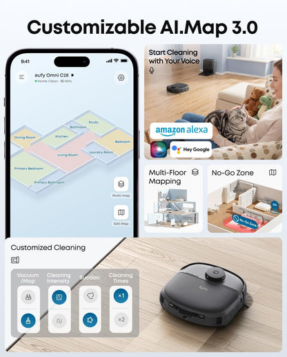eufy C28 Robot Vacuum and Mop Combo,15,000 Pa Suction, HydroJet Self-Cleaning Roller Mop, Upgraded from X10 Pro, Zero-Tangle Design for Pet Hair, Auto Mop Washing&Drying, Self-Emptying&Refilling