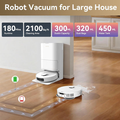 DREAME Govac 401 Robot Vacuum and Mop Combo, 100 Days Self-Emptying Robotic Vacuum, 13,000Pa Suction, Auto Mop Wash & Heat Dry, 10.5mm Auto-Lift Robot Vacuum Cleaner for Pet Hair/Carpet/Hard Floor