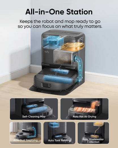 eufy C28 Robot Vacuum and Mop Combo,15,000 Pa Suction, HydroJet Self-Cleaning Roller Mop, Upgraded from X10 Pro, Zero-Tangle Design for Pet Hair, Auto Mop Washing&Drying, Self-Emptying&Refilling