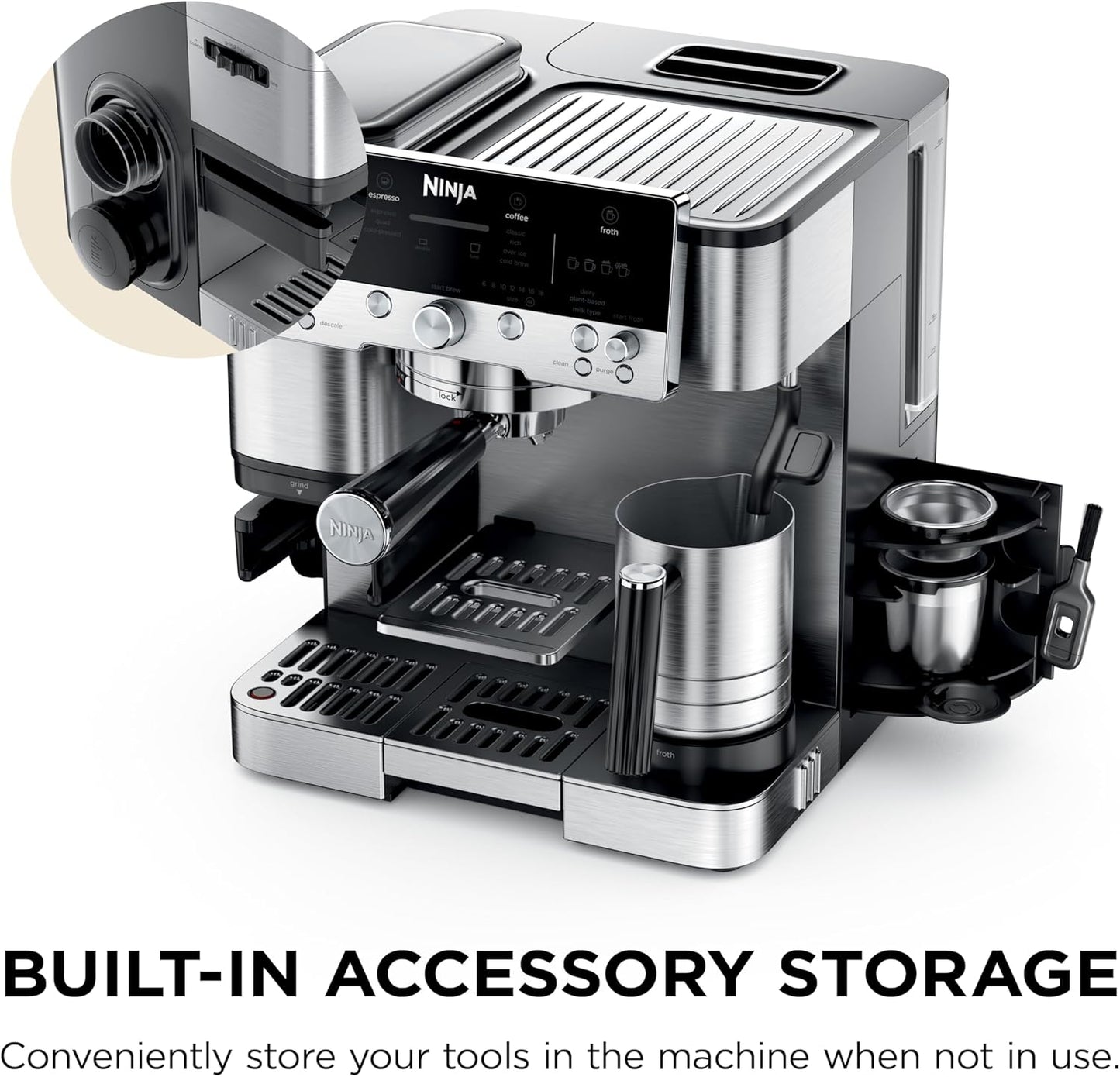 Ninja Luxe Café Premier 3-in-1 Espresso Machine, Drip Coffee, & Rapid Cold Brew | Built-in Coffee Grinder, Hands-Free Milk Frother, Assisted Tamper for Cappuccinos & Lattes | Stainless Steel | ES601