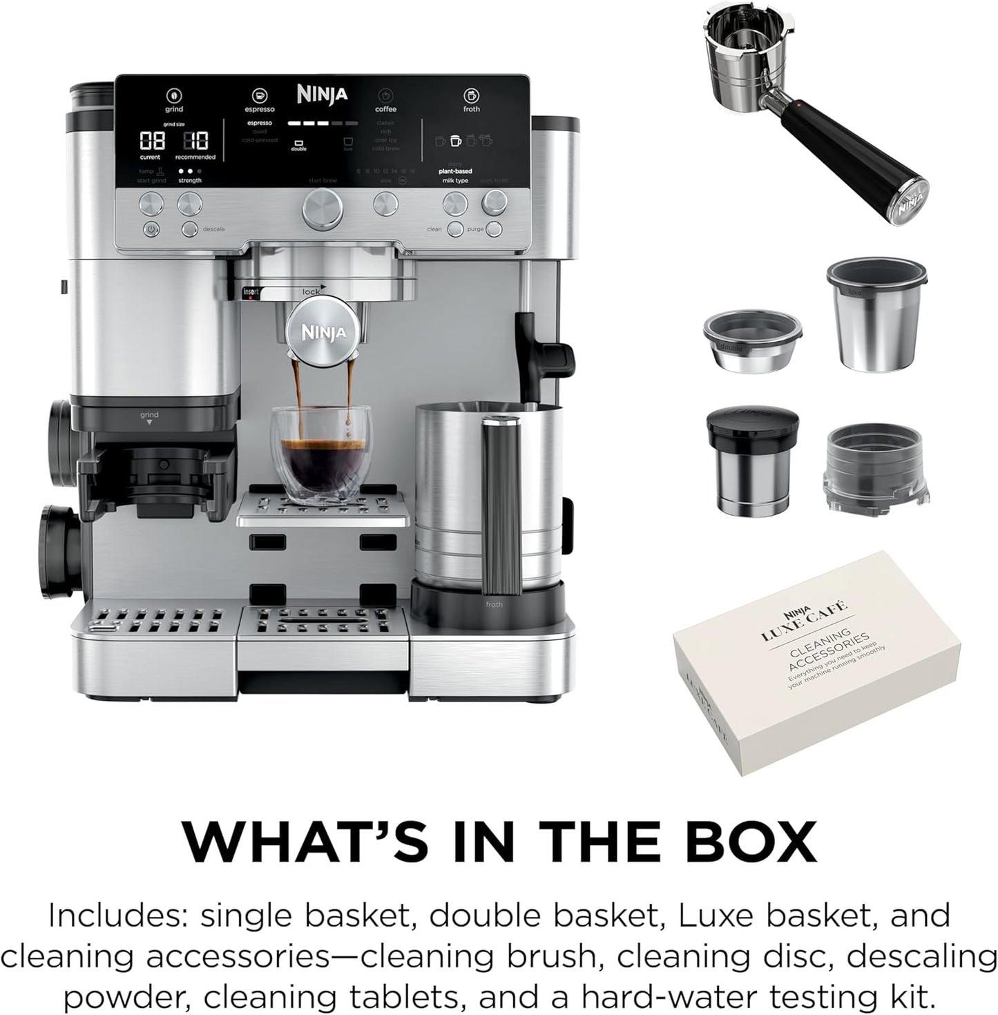 Ninja Luxe Café Premier 3-in-1 Espresso Machine, Drip Coffee, & Rapid Cold Brew | Built-in Coffee Grinder, Hands-Free Milk Frother, Assisted Tamper for Cappuccinos & Lattes | Stainless Steel | ES601