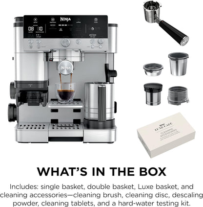 Ninja Luxe Café Premier 3-in-1 Espresso Machine, Drip Coffee, & Rapid Cold Brew | Built-in Coffee Grinder, Hands-Free Milk Frother, Assisted Tamper for Cappuccinos & Lattes | Stainless Steel | ES601