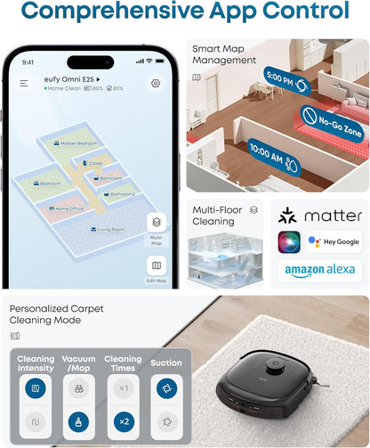 eufy Robot Vacuum E25, 20,000 Pa Suction,HydroJet Always-Clean Roller Mop, All-in-One Robot Vacuum and Mop Combo, Edge-to-Corner Cleaning, Zero-Tangle Design, AI Obstacle Avoidance (Upgraded)